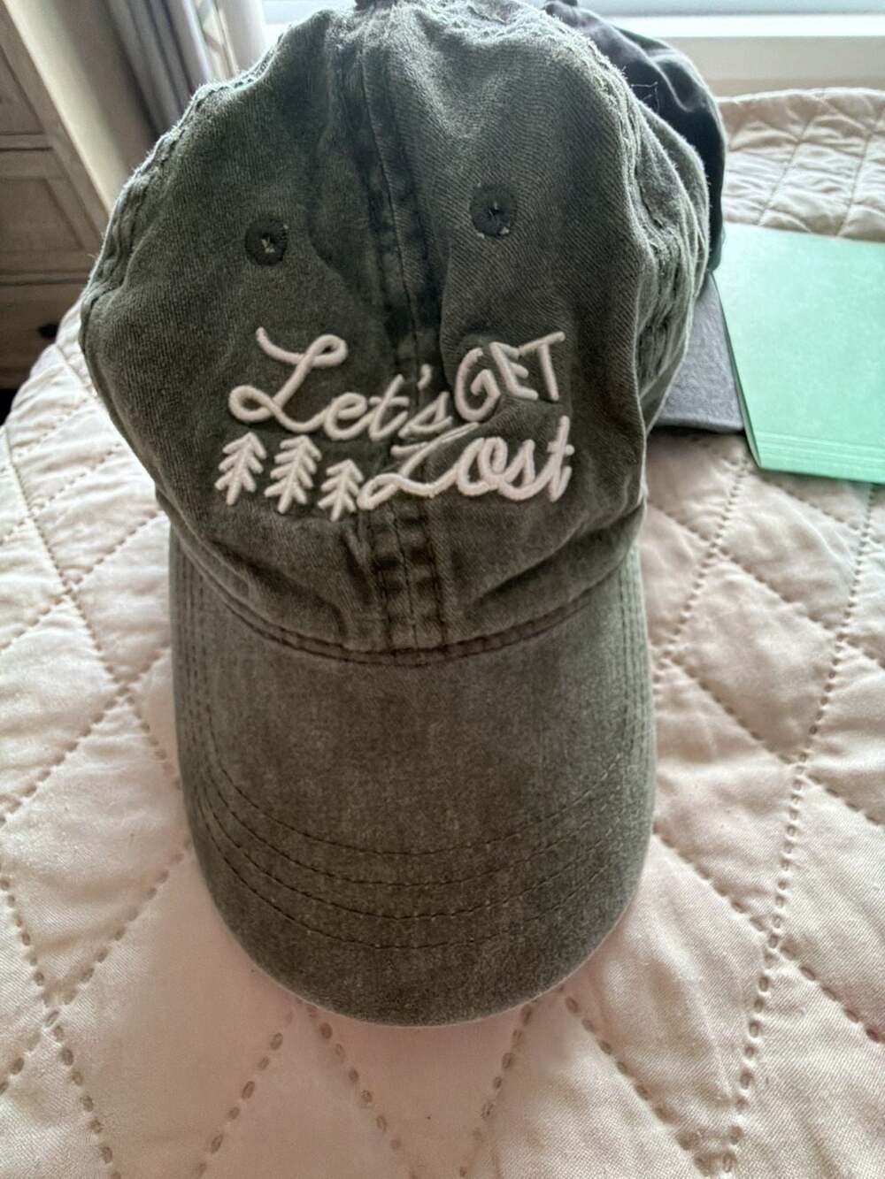 Let's Get Lost Embroidered Forest Green Cotton Baseball Cap
